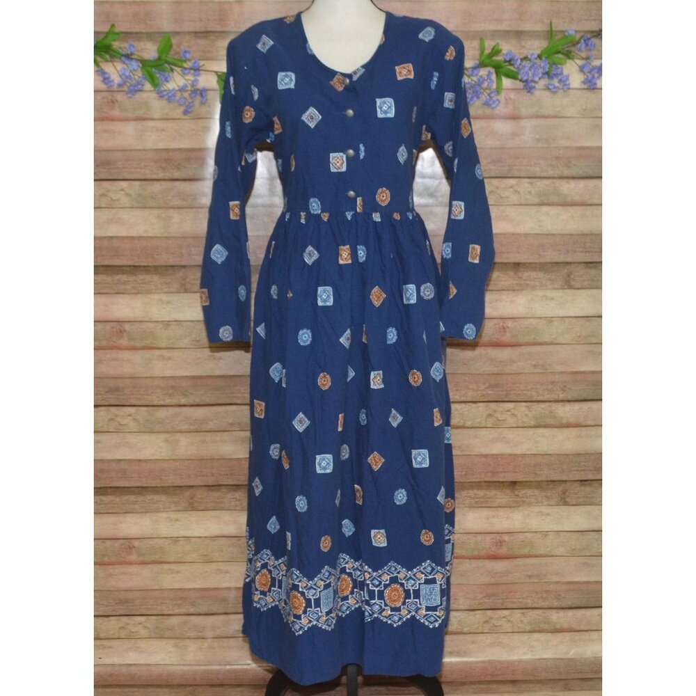 Vintage Roper Womens L Western Maxi Dress Blue Geometric Print Made USA Prairie